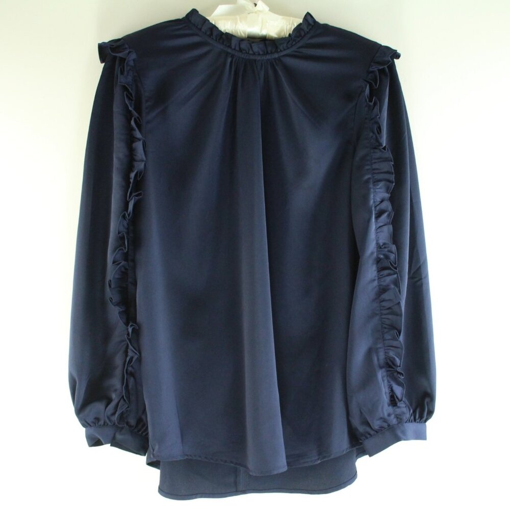 J. Crew Ruffle Sleeve Navy Blue Satin Crepe Loose Fitting Career Blouse Top L